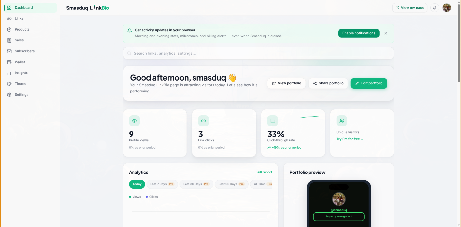 LinkBio — actual interface screenshot